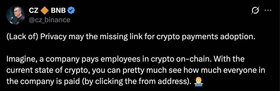 Privacy, Changpeng Zhao